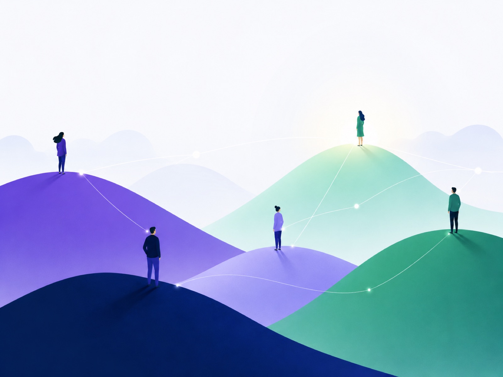 Des personnes sur des collines de couleurs différentes, reliées entre elles, couvrant ensemble tout le paysage